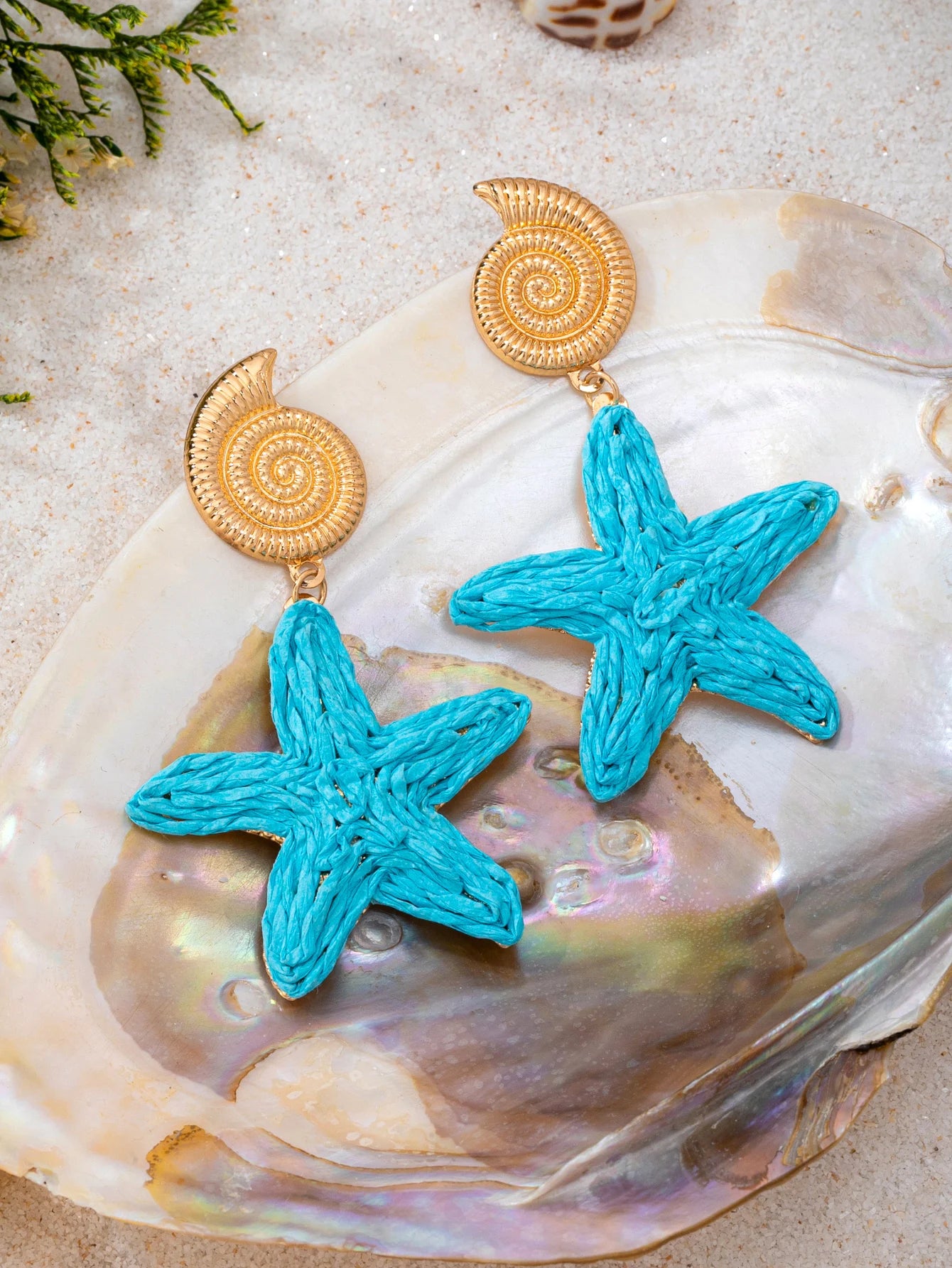 Golden Spiral Conch Blue Raffia Woven Starfish Dangle Earrings for Women Bohemian Summer Beach Seaside Vacation Ocean Style Exaggerated Earrings