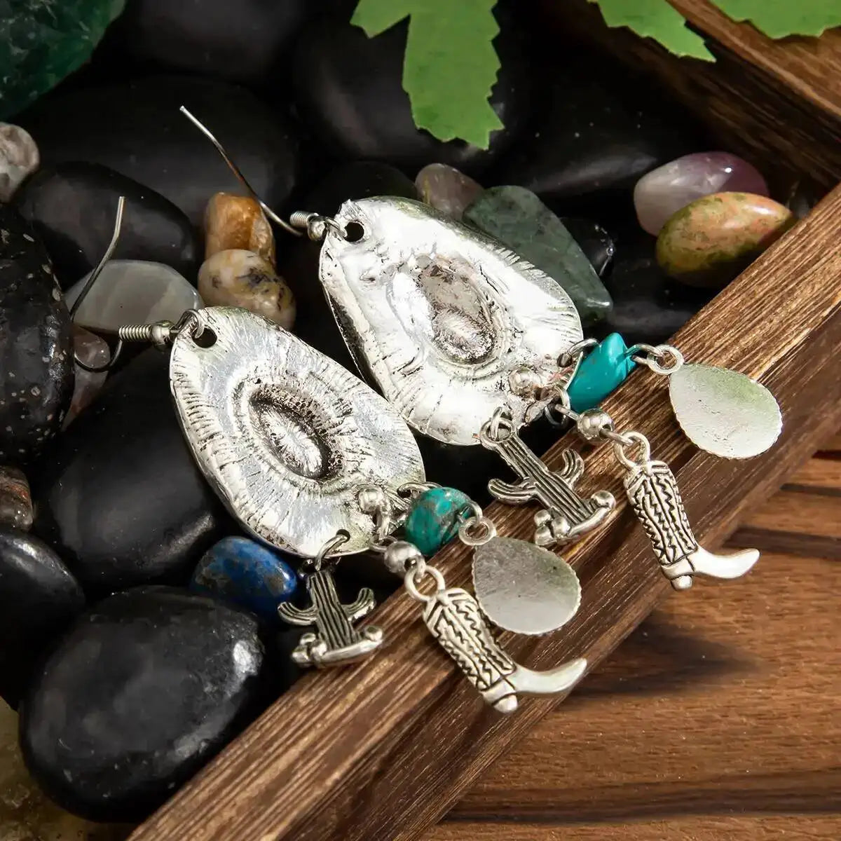 Vintage Cowboy Hat Boots Cactus Pendant Earrings Ethnic Waterdrop