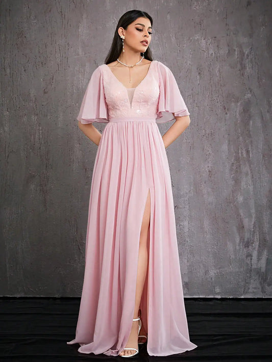 Floral Beaded V-Neck Evening Gown