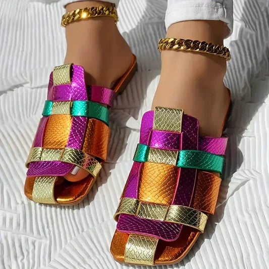 Summer Colorful Sexy Casual Soft Luxurious Square Toe Hollow Roman Flat Shoes