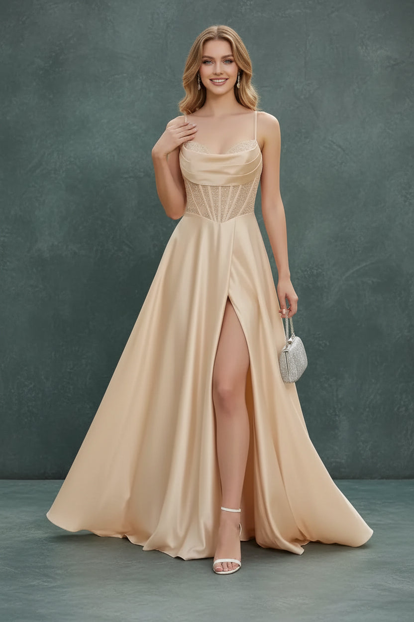 Pleated Satin A Line Prom Dresses for Women Spaghetti Straps Sequin Corset Formal Dress with Slit Formal Dress Women Elegant