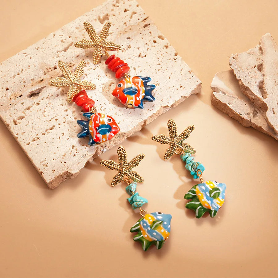 Colorful Ceramic Fish Drop Earrings Starfish Stone Beaded Earrings