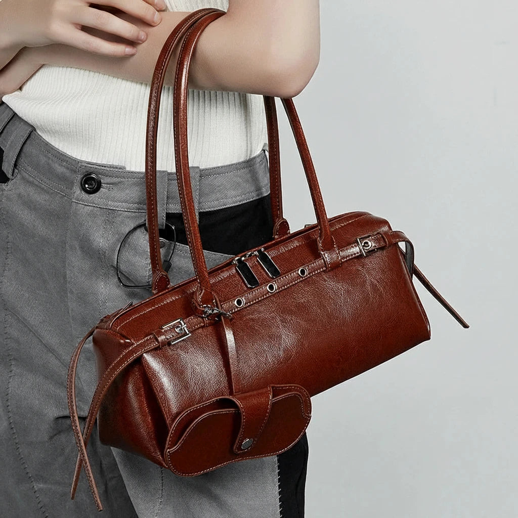 Vintage Cowhide Leather Long Shoulder Bag