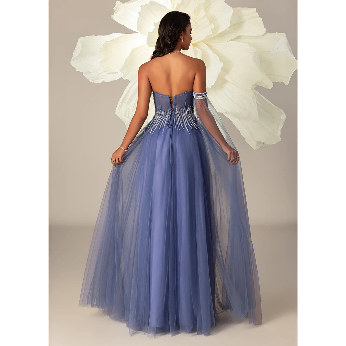 Off Shoulder Beaded Tulle Evening Gown