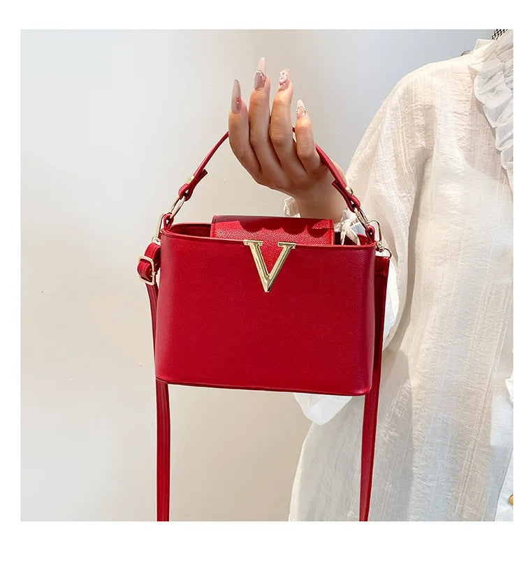 V-Shaped PU Leather Bucket Bag