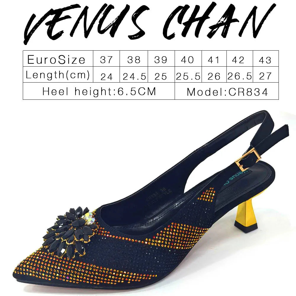 Venus Chan 2026 Italian Luxury Rhinestone Wine Pointed Toe High Heels with Matching Bag Set – Ideal for Parties and Special