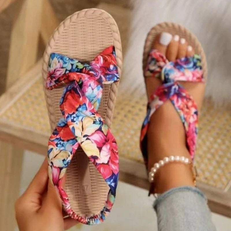Summer Bohemian Style Sandals Comfortable Linen Cross-Tie Beach Lightweight