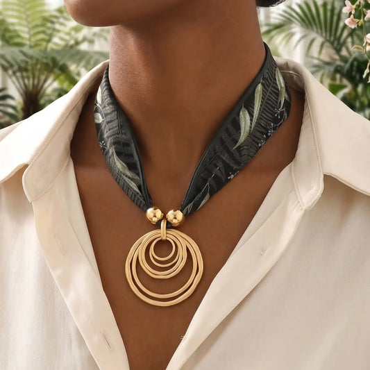 Bohemian Ribbon Choker with Gold Circle Pendant