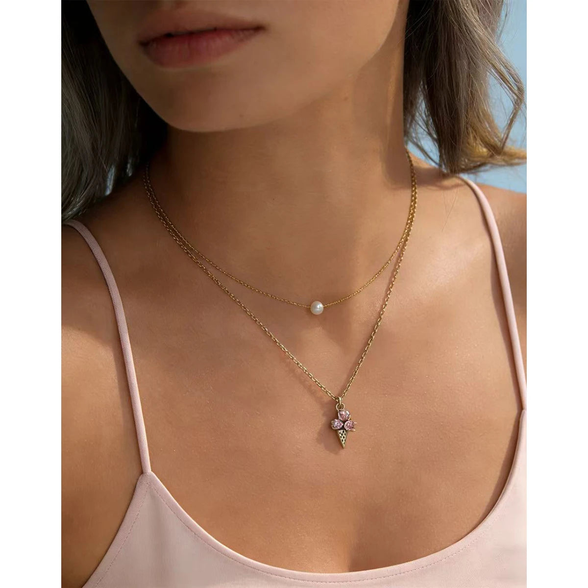 Pink Crystal Ice Cream Pendant Necklace
