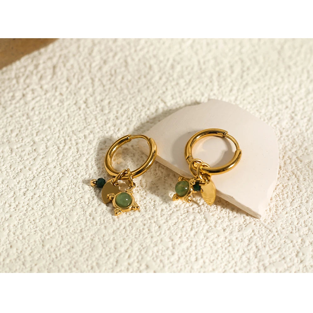 Green Stone Charm Hoop Earrings
