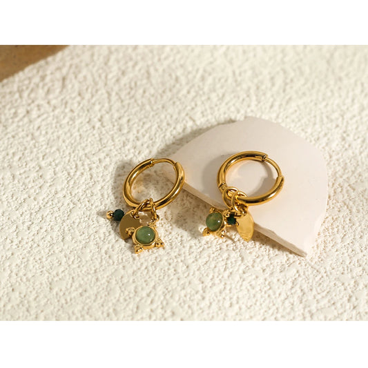 Green Stone Charm Hoop Earrings