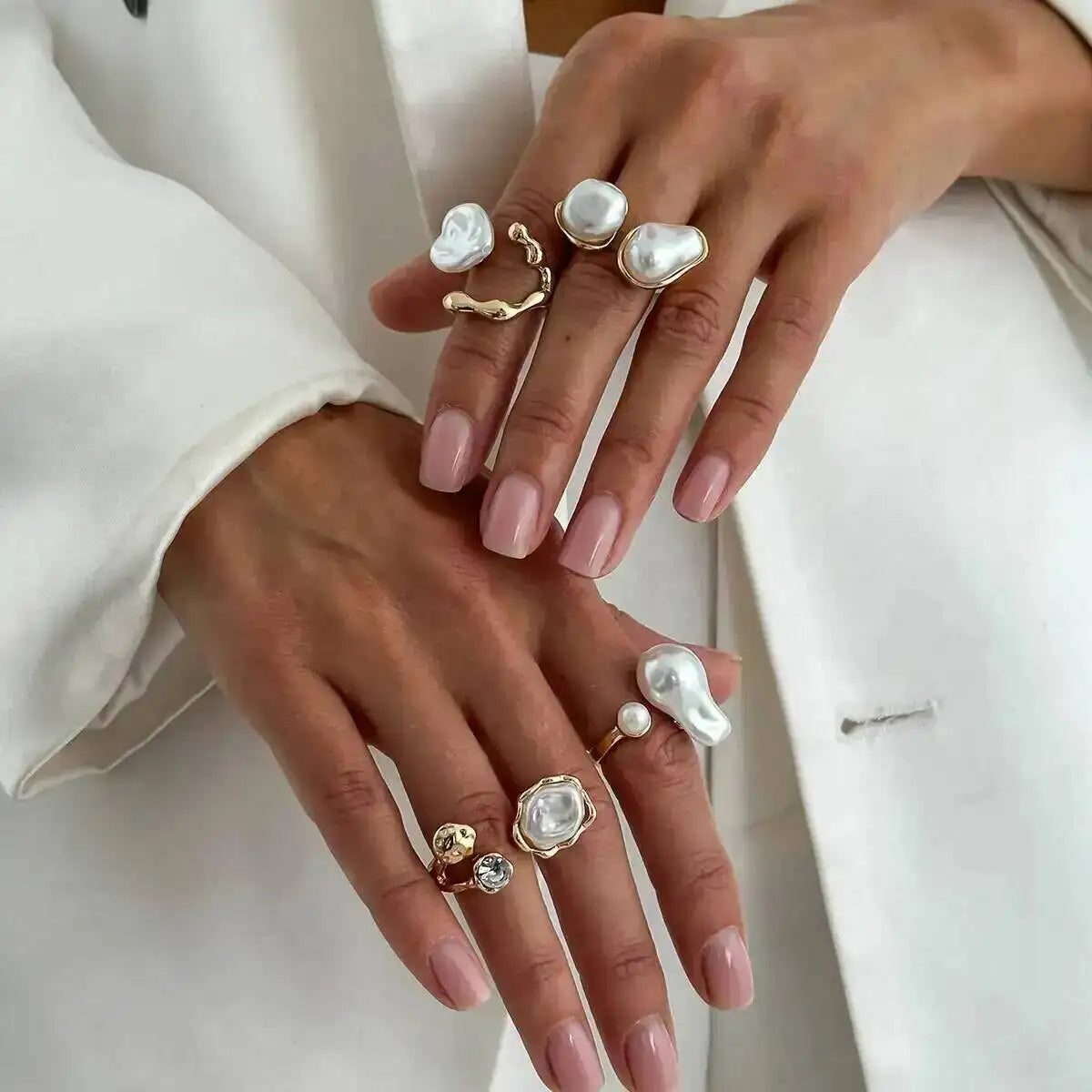 Baroque Imitation Pearl Open Rings Set Elegant Irregular Gold