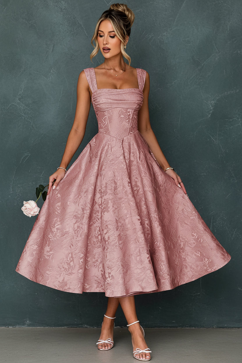 Cap Sleeve Jacquard Prom Dresses for Teens Floral Satin