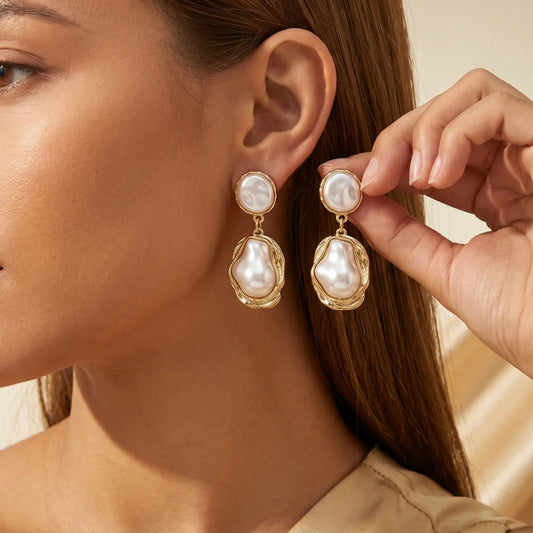 Elegant Double Layer Baroque Imitation Pearl Women's Earrings Gold Color Framed For Romantic Date Nights & French Style