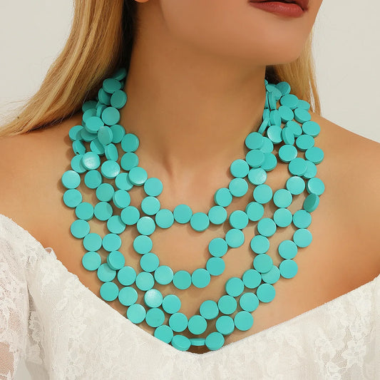 2026 New Bohemian Geometric Disc Wooden Bead Handmade Beaded Multi-layer Necklace Women's Vacation Party Accessory