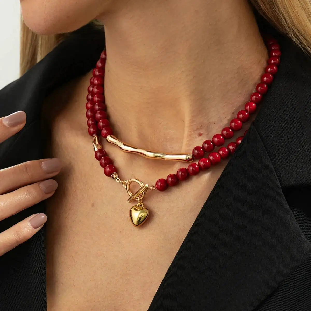 Red Heart Beaded Choker Necklace