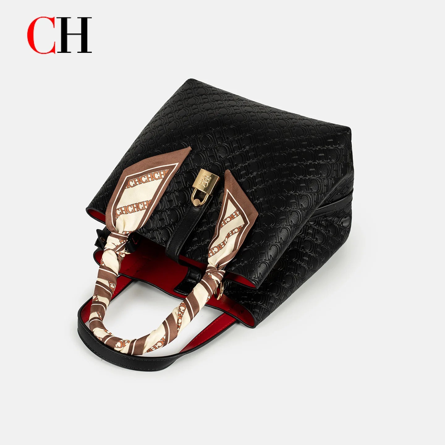 CH Womens Embossed Leather Bucket Bag with Silk Scarf Lock Decor Luxury Designer Handbag Large Capacity Crossbody Tote