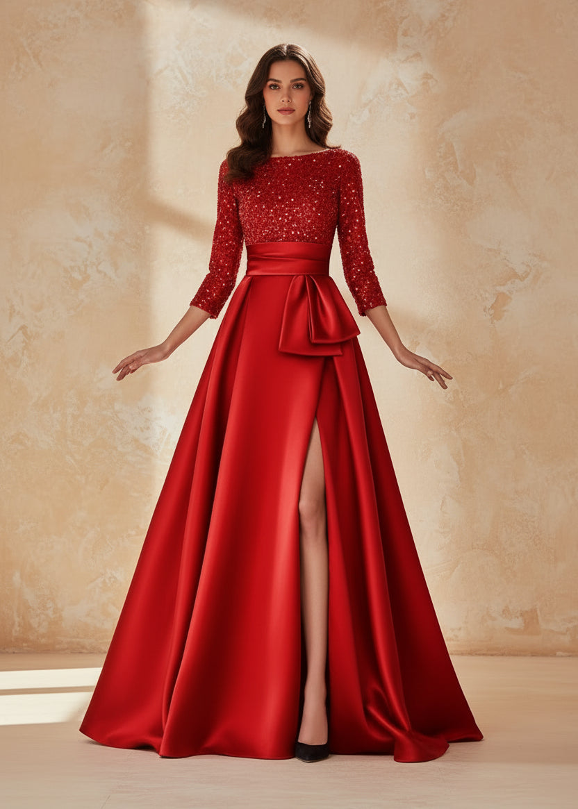 Long Sleeves Mother Of The Bride Dresses For Wedding Sparkly Sequin Ball Gowns Side Slit Satin Formal Party Prom Gown