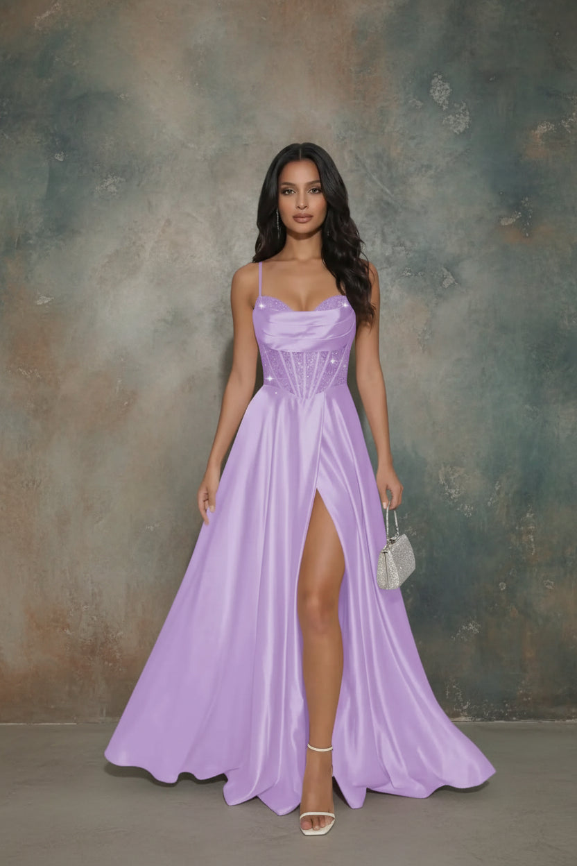 Pleated Satin A Line Prom Dresses for Women Spaghetti Straps Sequin Corset Formal Dress with Slit Formal Dress Women Elegant