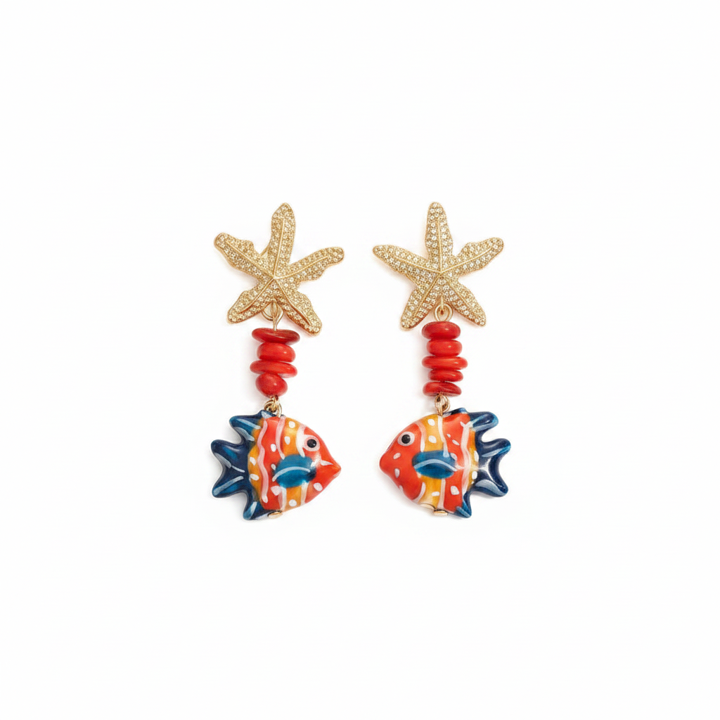 Colorful Ceramic Fish Drop Earrings Starfish Stone Beaded Earrings