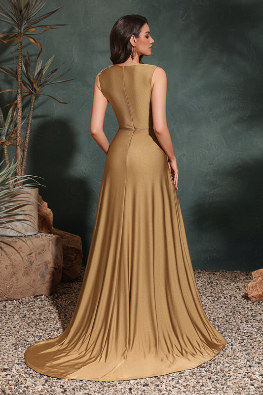 Asymmetrical Applique Sleeveless Round Neck Slit Back Floor-length Gown