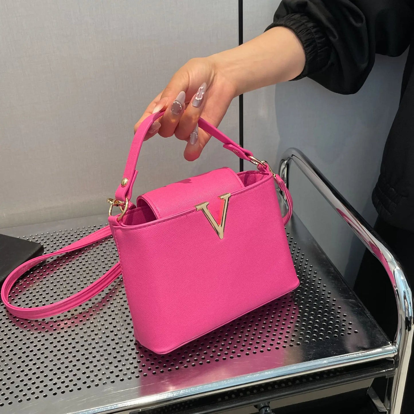 V-Shaped PU Leather Bucket Bag
