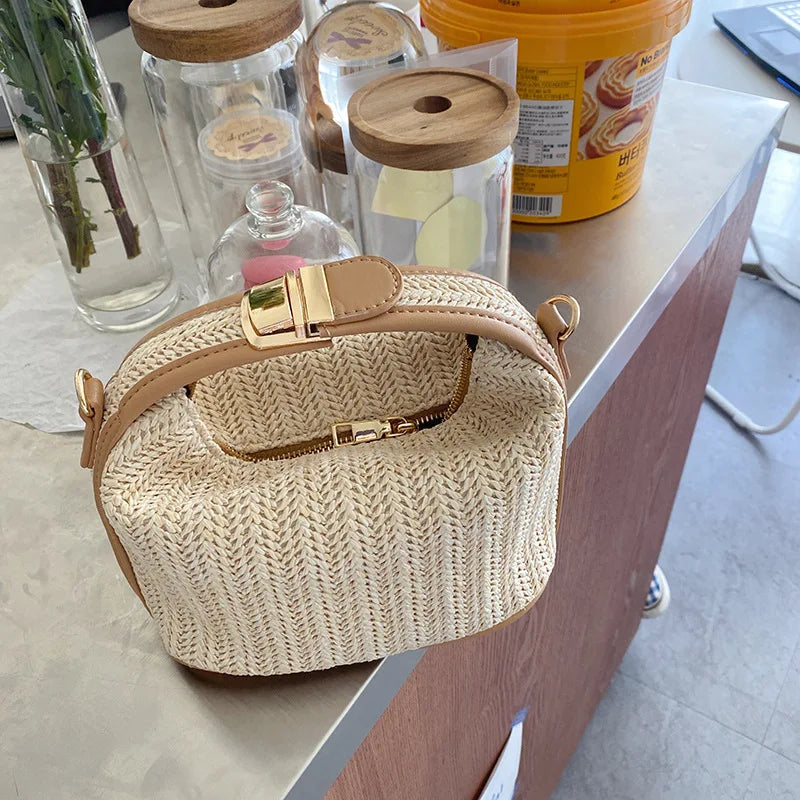 Summer Small Straw Handbag Shoulder Bag Woven Bucket Crossbody