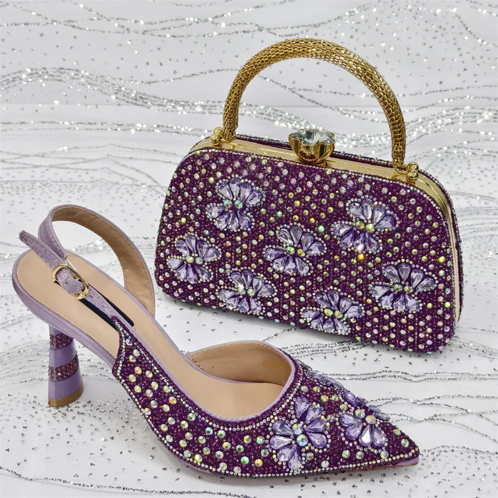 Gold Pointed Toe Rhinestone Heels & Bag Set, Sparkly