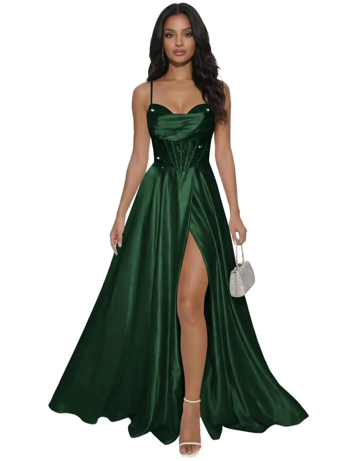 Pleated Satin A Line Prom Dresses for Women Spaghetti Straps Sequin Corset Formal Dress with Slit Formal Dress Women Elegant