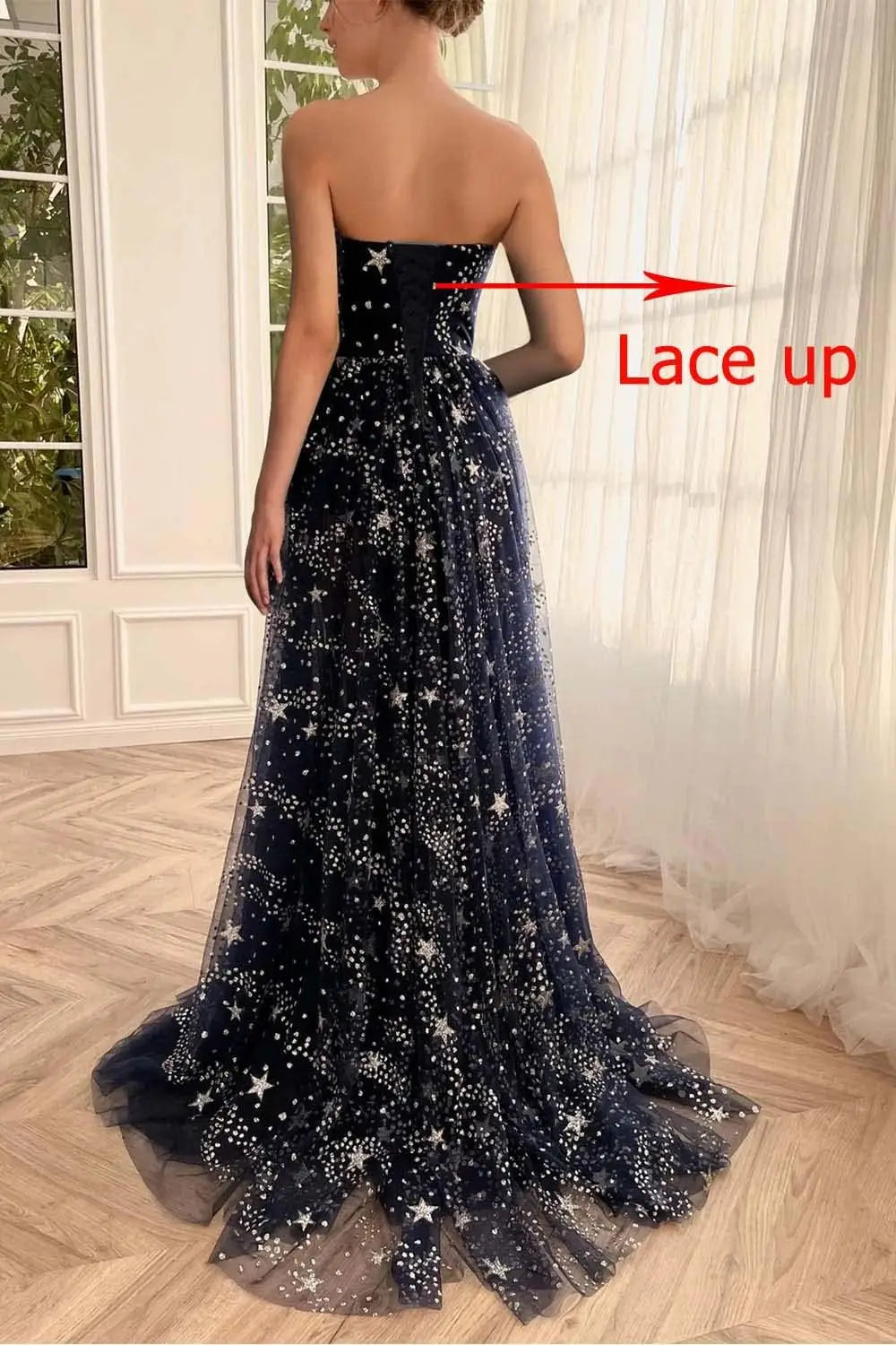 V Neck Women's Sparkle Starry Tulle Prom Dresses Strapless Slit Formal Evening Party Gowns Formal Dress Women Elegant