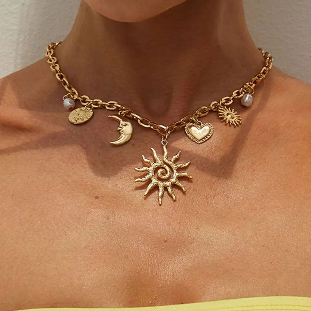 Heart Sun Moon Pendant Necklace
