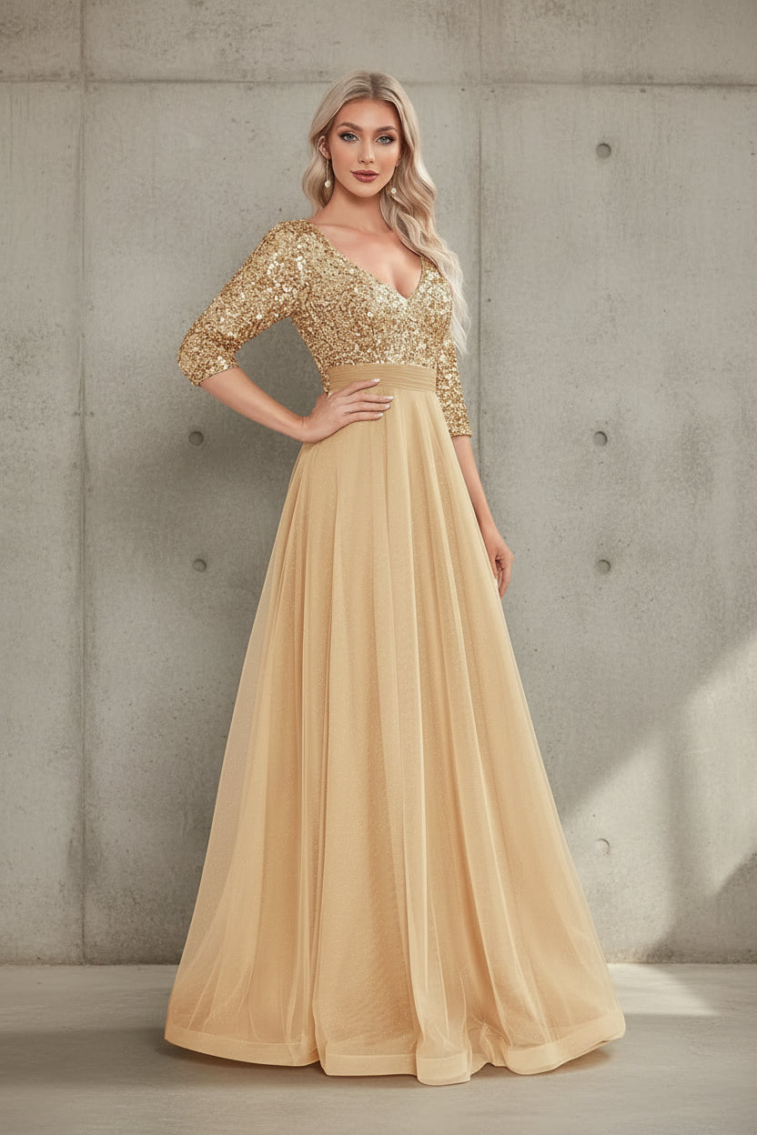 Gold Tulle V-Neck Evening Gown
