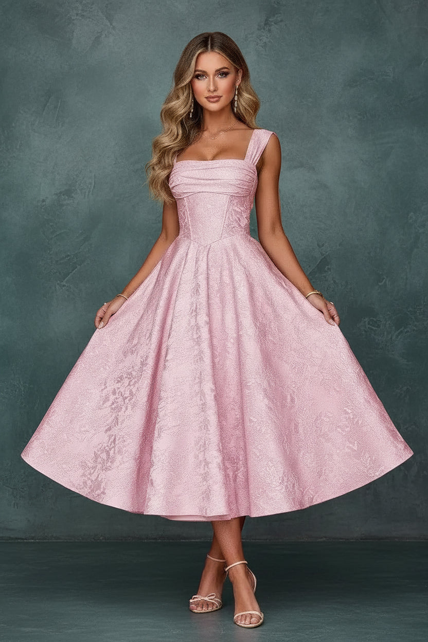 Cap Sleeve Jacquard Prom Dresses for Teens Floral Satin
