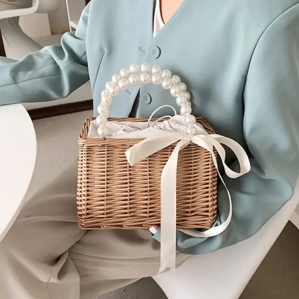 Handwoven Straw Tote Bag with Pearl Handle