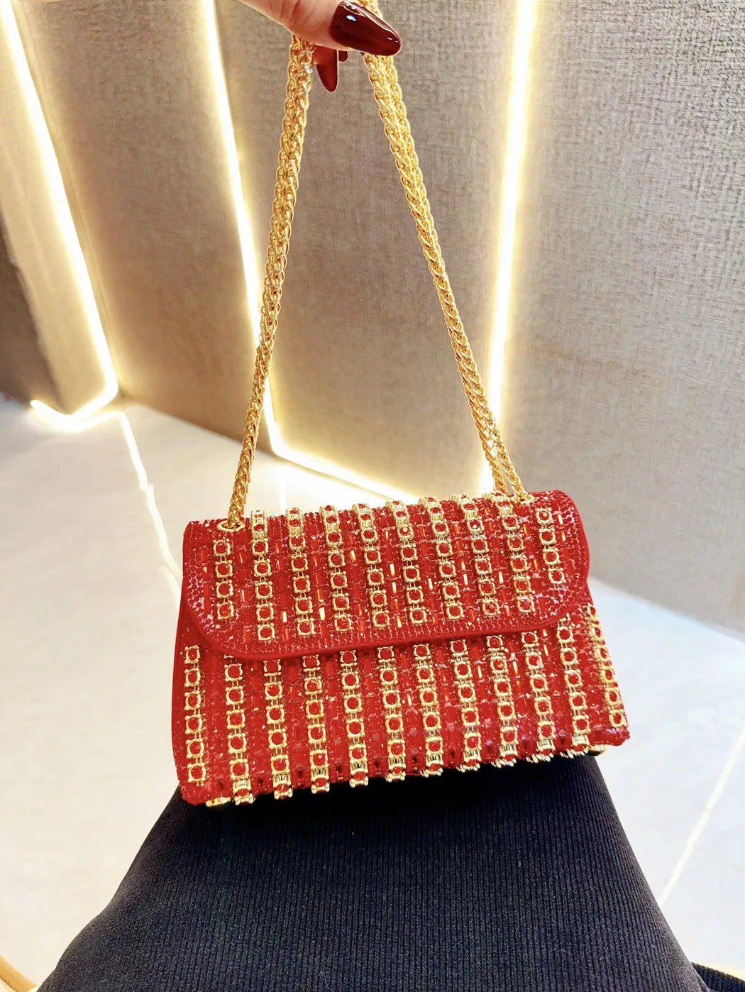 Full Rhinestone Evening Clutch Bag Luxury Leather Chain Handbag