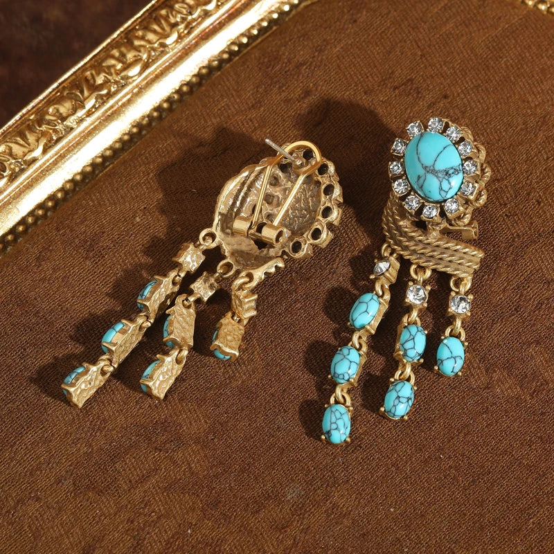 Blue Natural Stone Vintage Turquoise Earring For Lady Egg Design Pendant Tassel Beads Jewelry Luxury Valentine's Day Retro Gift
