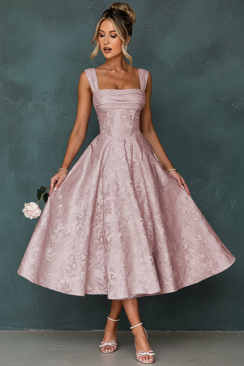 Cap Sleeve Jacquard Prom Dresses for Teens Floral Satin