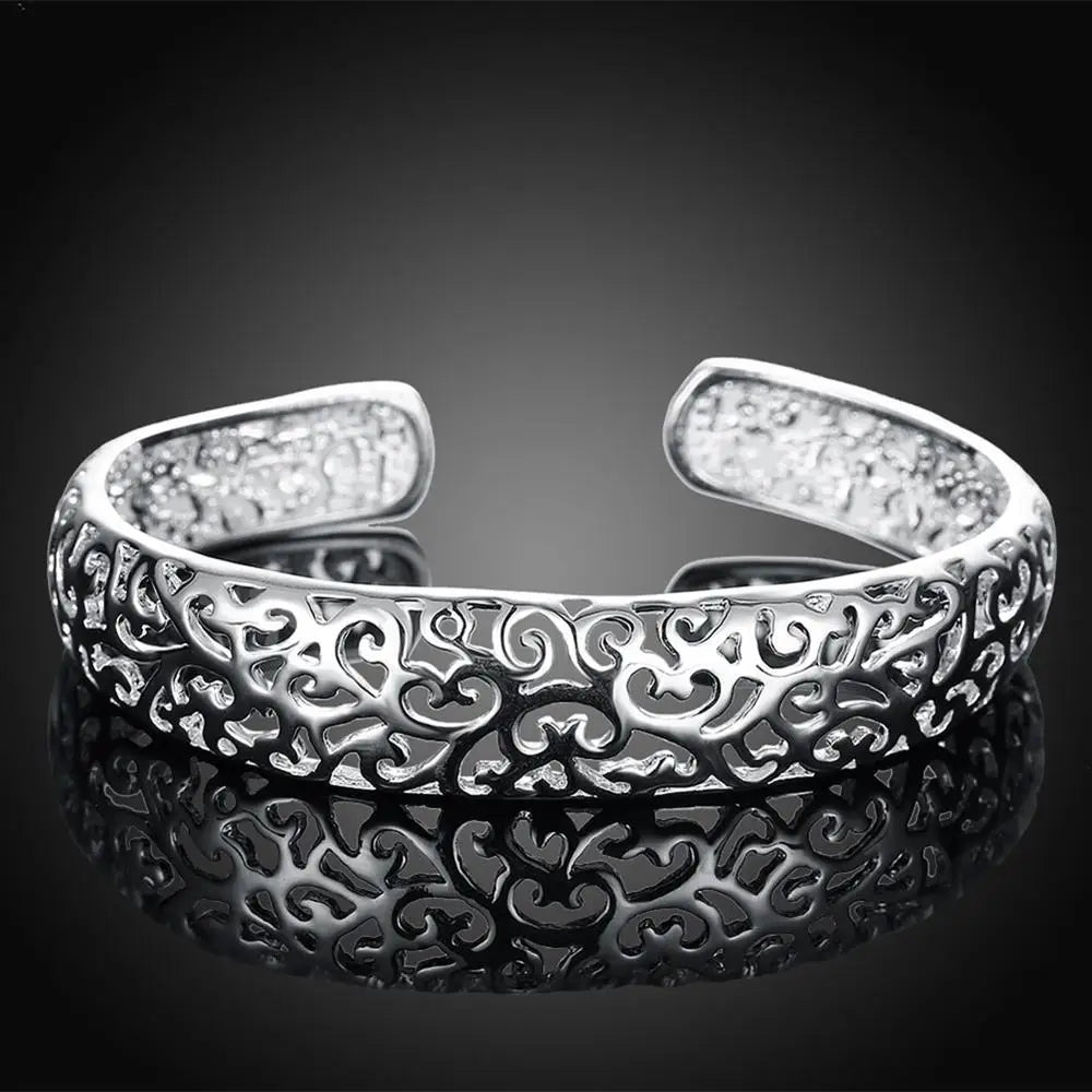 Fine 925 Sterling Silver Hollow Pattern Bangles Bracelets Adjustable