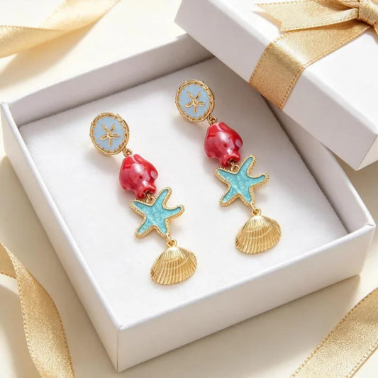 Boho Sea Star & Shell Ceramic Dangle Earrings