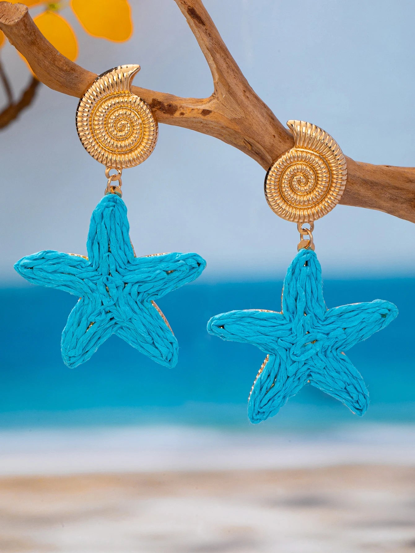 Golden Spiral Conch Blue Raffia Woven Starfish Dangle Earrings for Women Bohemian Summer Beach Seaside Vacation Ocean Style Exaggerated Earrings