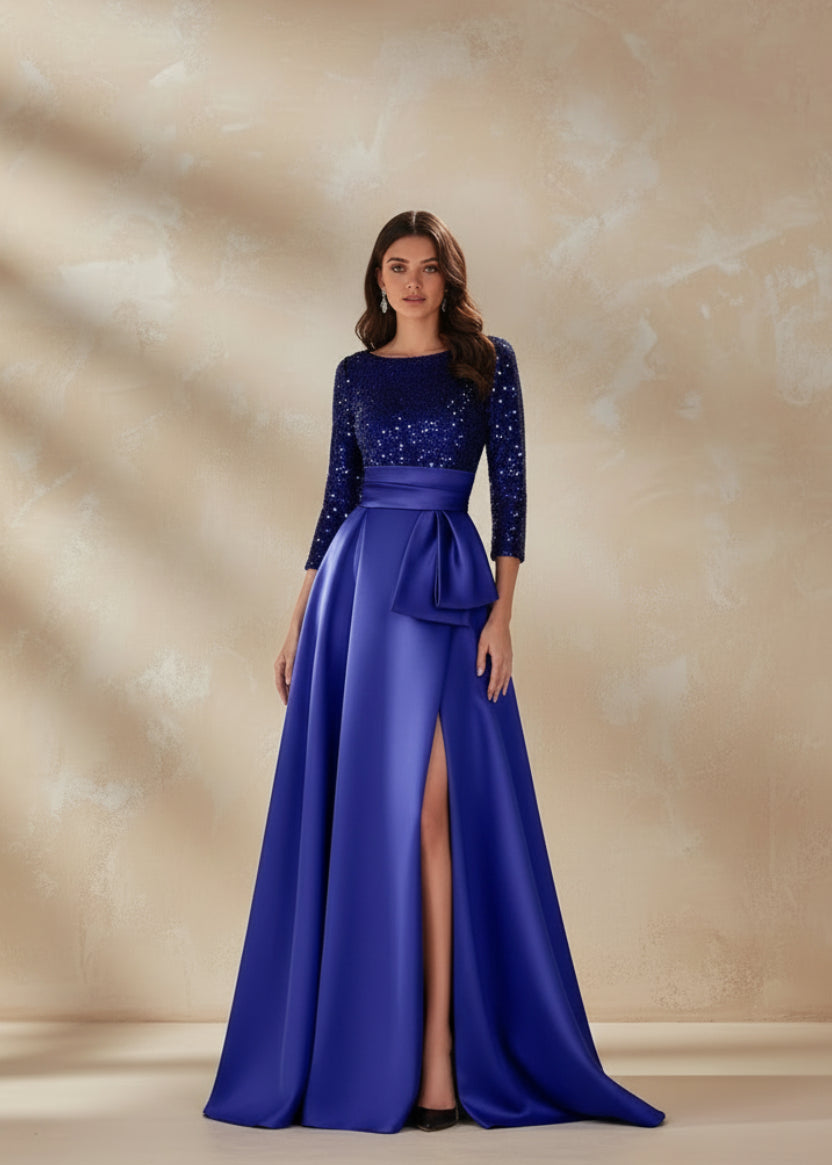 Long Sleeves Mother Of The Bride Dresses For Wedding Sparkly Sequin Ball Gowns Side Slit Satin Formal Party Prom Gown