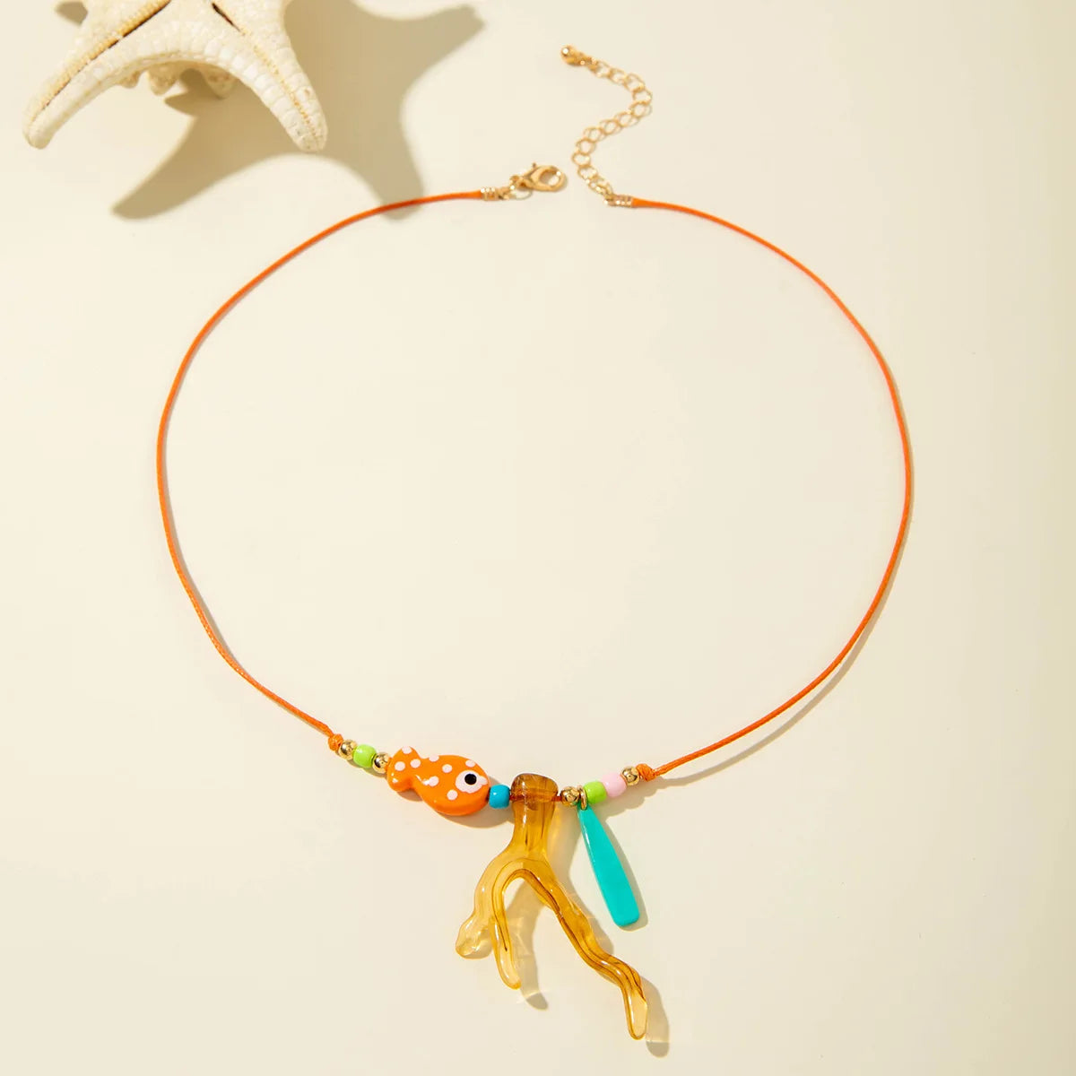 New Ocean Fish Coral Pendant Necklace Boho Colorful Handmade Braided Rope Adjustable Women Vacation Party Jewelry