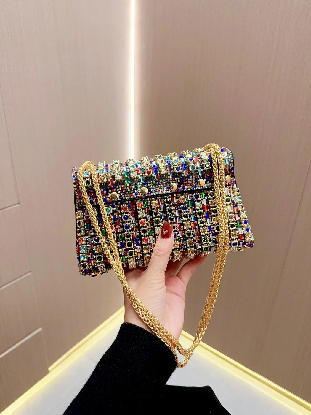 Full Rhinestone Evening Clutch Bag Luxury Leather Chain Handbag