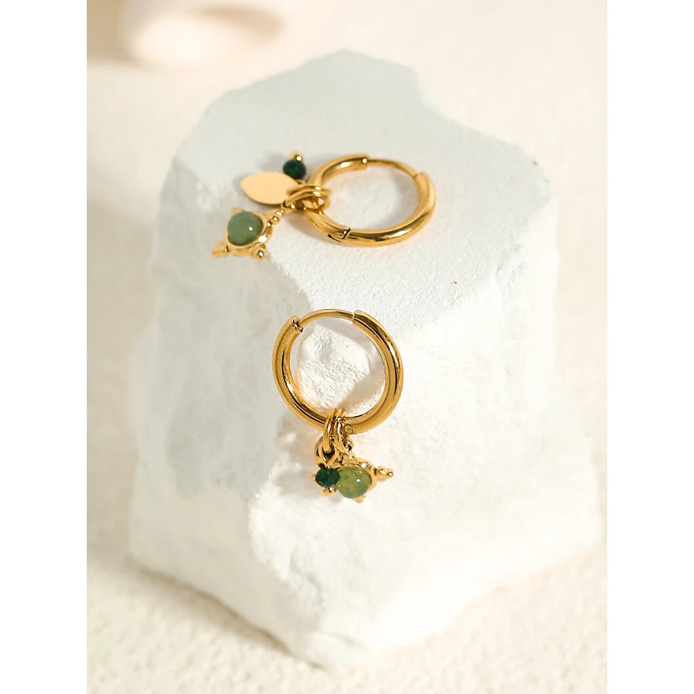 Green Stone Charm Hoop Earrings