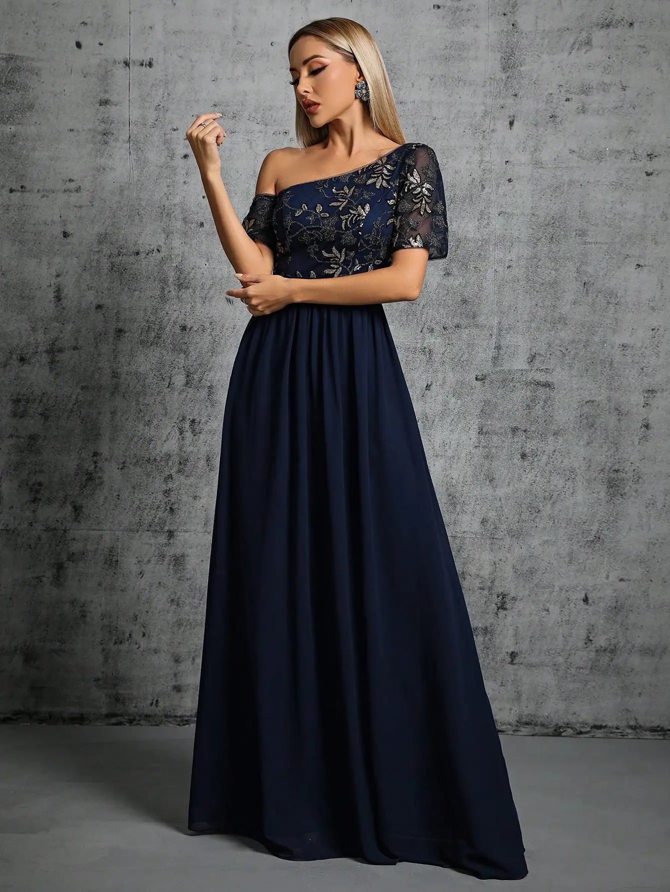 One Shoulder Chiffon Sequin Maxi Dress