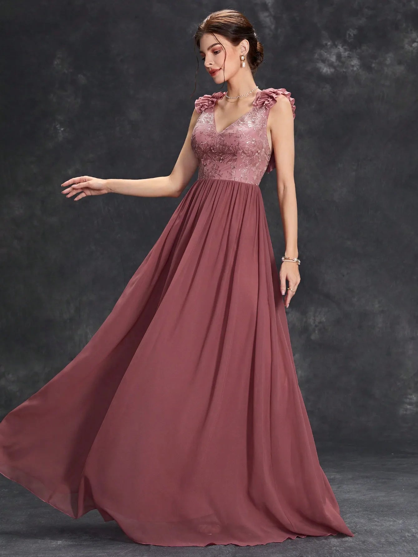 V-Neck Embroidered Chiffon Maxi Dress