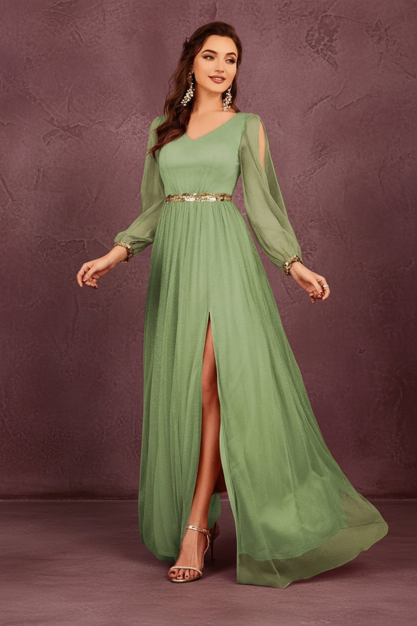 V-Neck Appliqué Slit Evening Gown