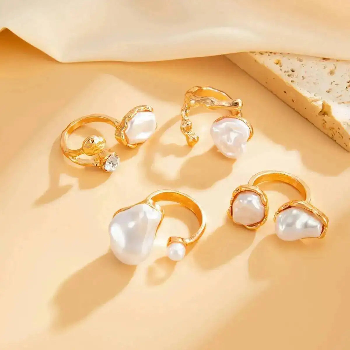 Baroque Imitation Pearl Open Rings Set Elegant Irregular Gold