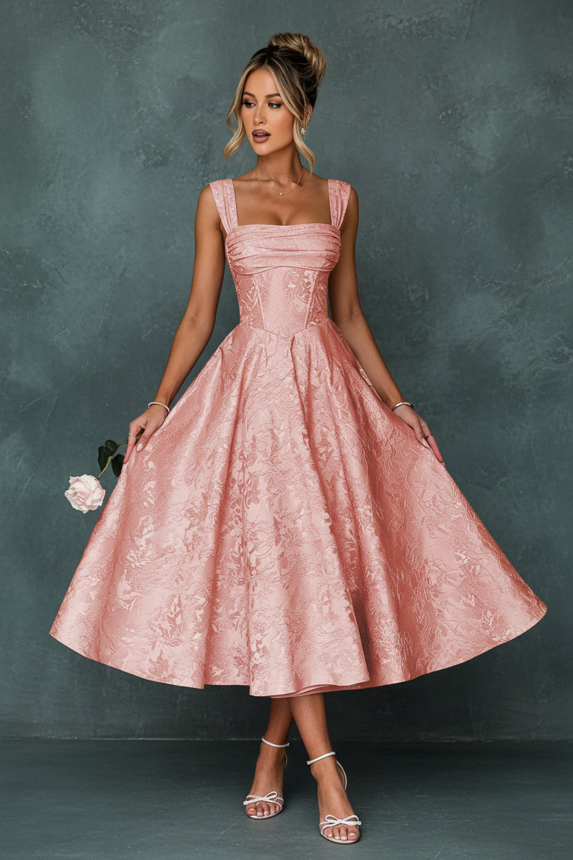 Cap Sleeve Jacquard Prom Dresses for Teens Floral Satin