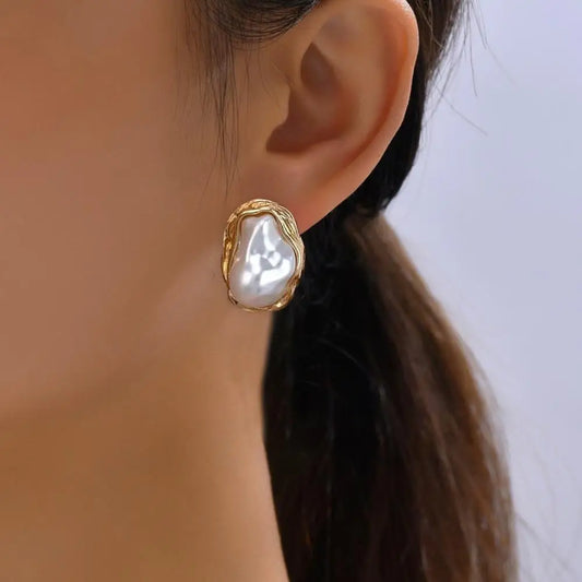 Exquisite Irregular Baroque Pearl Stud Earrings for Women Vintage Gold Color Metal Edged Earrings Jewelry Accessories